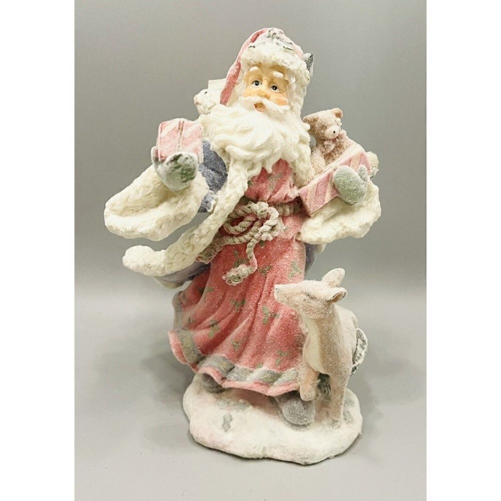 Vintage Flocked Woodland Santa Figurine 8” Toy Bag Frosted Three Hands Corp